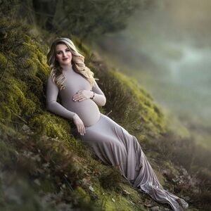 Turtleneck High Neck Maternity Dress for Photoshoot One Size underbust 36” White